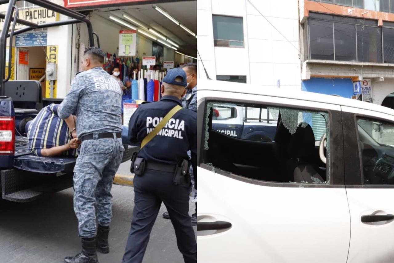 Detienen a sujeto en Centro de Pachuca por cristalazo y robo