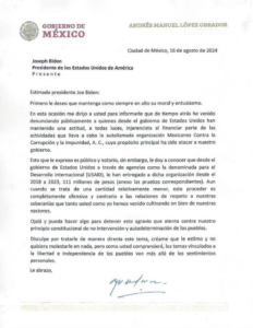 Durante su conferencia matutina del 16 de agosto de 2024, AMLO presentó una carta enviada al presidente Joseph Biden