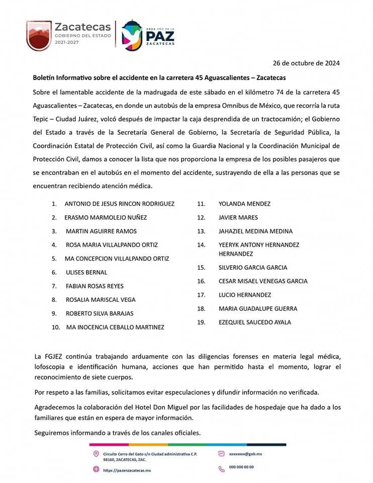 Zacatecas: Actualizan lista de fallecidos por choque entre autobús y un tráiler
