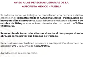 Capufe recomienda vías alternas durante el cierre temporal de la autopista México-Puebla.