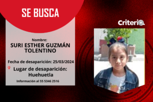 SURI ESTHER tiene 7 años, cabello largo y lacio, mide 1.34 metros y pesa 30 kilos.