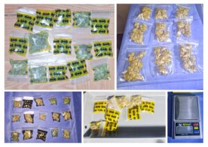 Dosis de marihuana y cristal, junto con dinero y dispositivos decomisados en los operativos