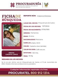 ¡Ayúdanos a localizar a Ericka Limonta Lemus! Desaparecida en Mixquiahuala desde el 13 de noviembre.