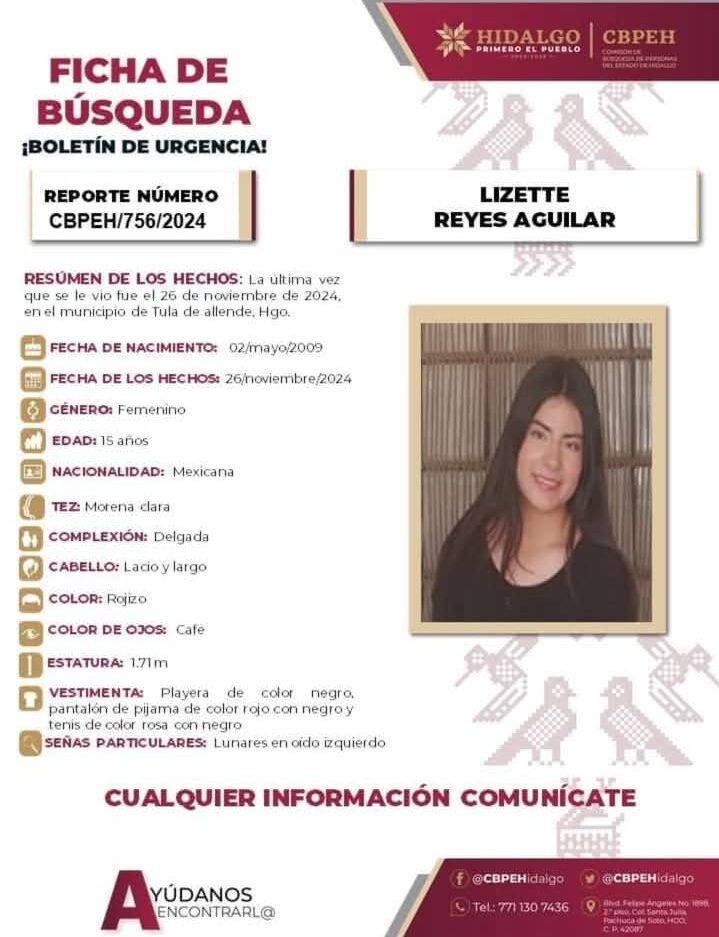 Lizette Reyes Aguilar, de 15 años, quien tiene ficha de búsqueda vigente desde el 26 de noviembre