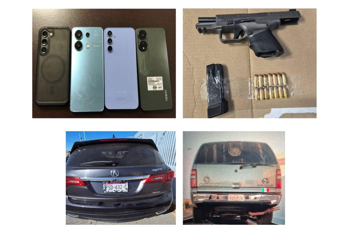 Chalecos tácticos, celulares, vehículos y armas aseguradas durante el operativo en Texcoco
