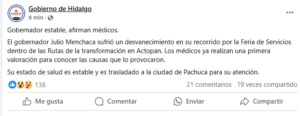 Médicos confirmaron la estabilidad de Julio Menchaca tras su percance en Hidalgo.