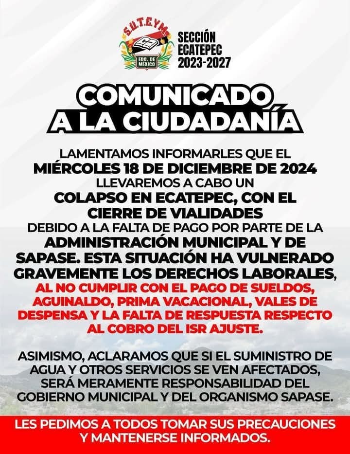 Movilizaciones laborales amenazan con colapsar el tránsito en Ecatepec este miércoles