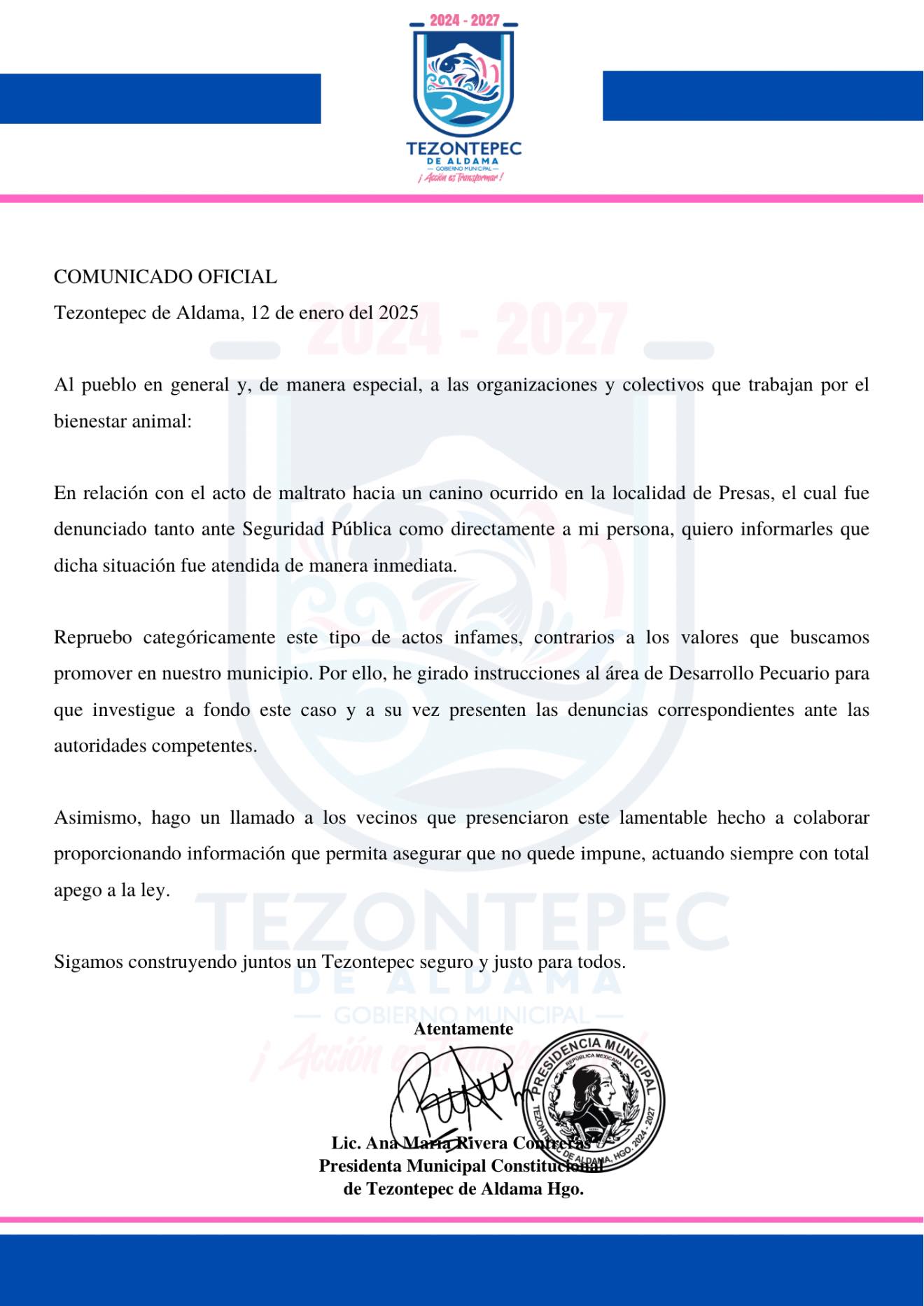 Autoridades de Tezontepec de Aldama prometen actuar con rigor para castigar al responsable