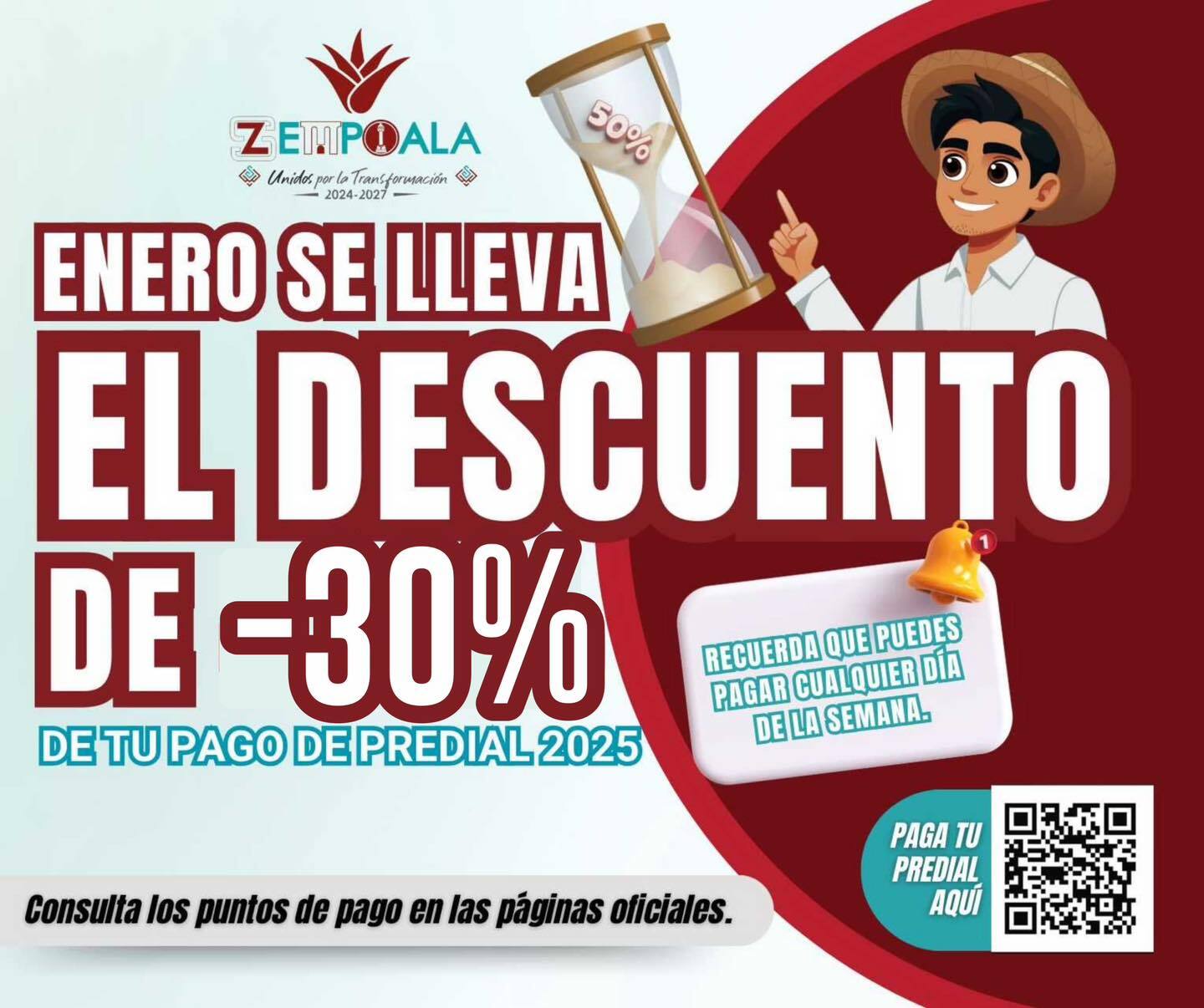 El gobierno municipal de Zempoala invita a la población a aprovechar el 30% de descuento en el pago del impuesto predial