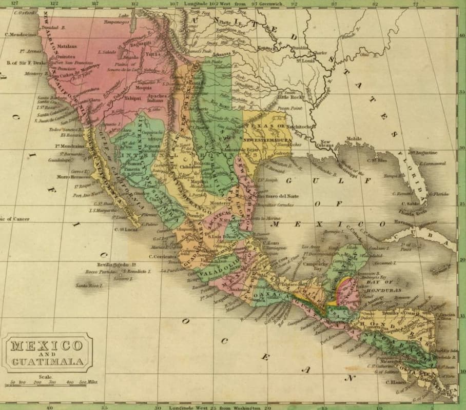 Este es uno de los primeros mapas de México, fechado en 1830, en el cual se observa que la recién independiente República mexicana ocupaba gran parte de los estados que más tarde serían cedidos a EU. Fuente: @mapoteca_mx
