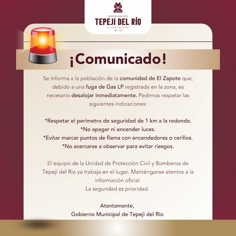Gobierno de Tepeji del Río emite recomendaciones de seguridad ante emergencia por fuga de gas