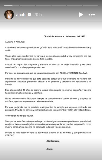 Anahí se defiende tras los señalamientos en su contra en el popular programa