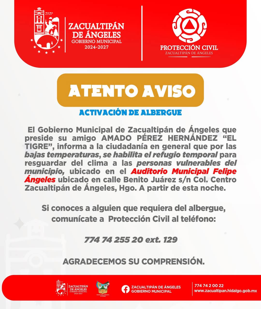 Protección Civil de Zacualtipán invita a la población a reportar casos de vulnerabilidad
