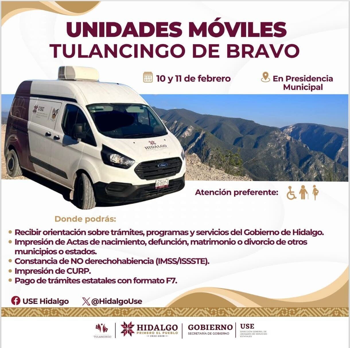 La Dirección General de Unidades de Servicios Estatales (USE), acercará diversos trámites y servicios a la ciudadanía a través de las Unidades Móviles USE Hidalgo