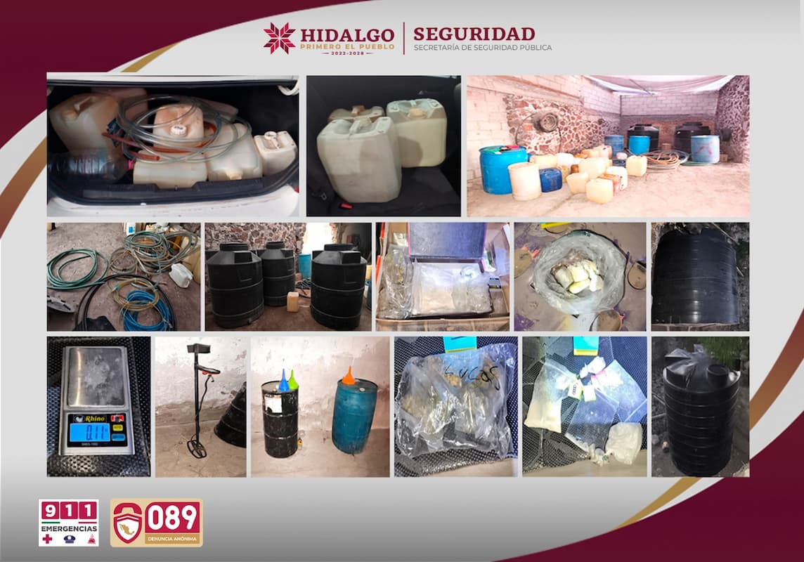 Droga, básculas y equipo para almacenamiento de hidrocarburo, decomisados en Pachuca