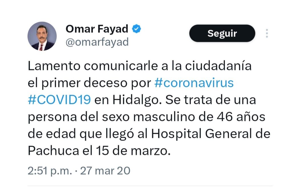 El 27 de marzo de 2020 se confirmaba en primer deceso por la efermedad