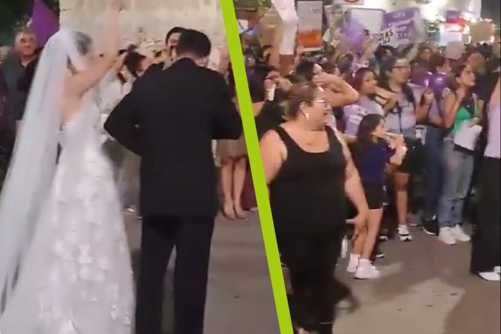 Asistentes a la marcha del 8M en Mérida presencian boda y hacen este gesto con la novia