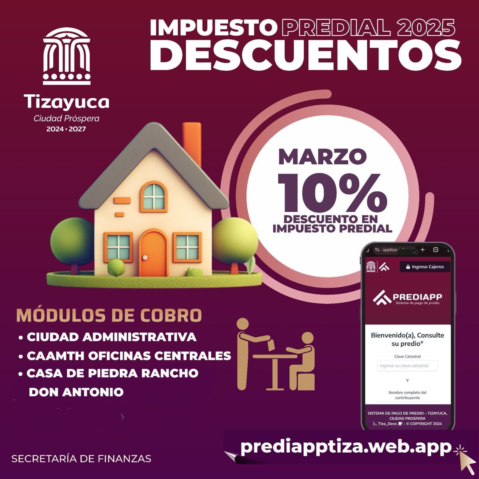 El próximo lunes 31 de marzo será el último día para que los contribuyentes de Tizayuca aprovechen el 10% de descuento en el pago del impuesto predial