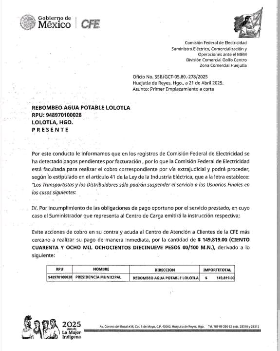 El documento no detalla una fecha límite de pago, pero se sugiere inmediatez | Foto: Especial