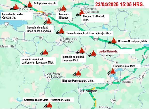 Michoacán, Jalisco y Guanajuato enfrentan daños por incendios y bloqueos simultáneos