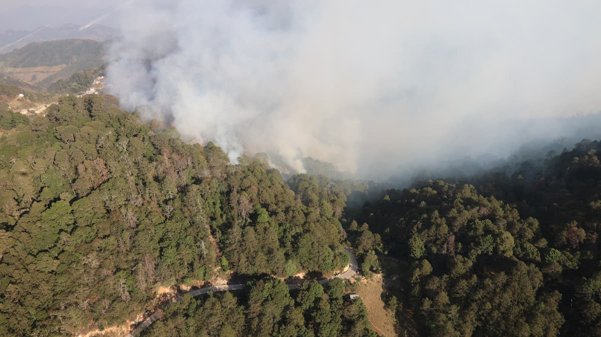 Vista aérea del área afectada en Tlahuiltepa, donde el incendio ha consumido 10 hectáreas / Foto de Protección Civil 