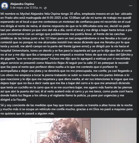 Joven denuncia agresión tras abordar un taxi en Neiva