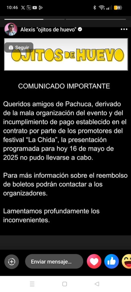 Lanzan críticas a festival La Chida por cancelación del comediante Ojitos de Huevo