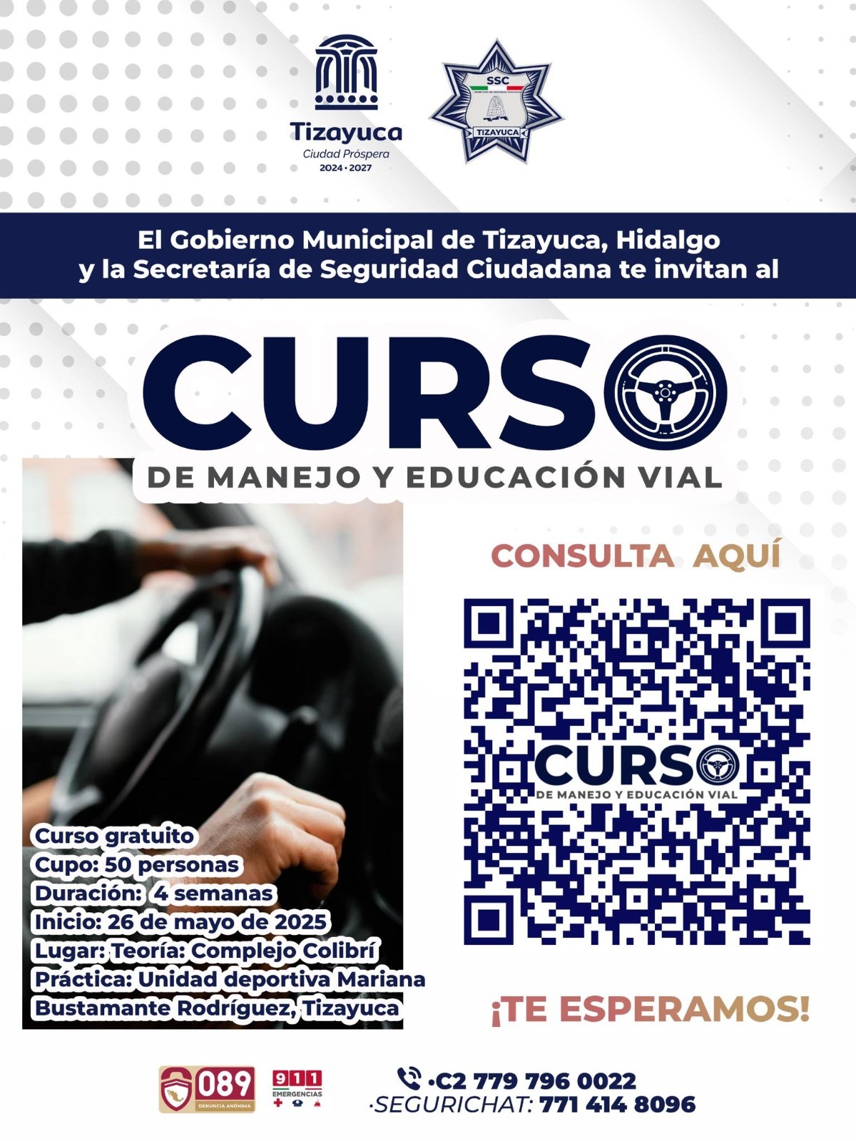 El contenido del curso incluye temas como condición física y mecánica del vehículo, sistemas de seguridad, criterios normativos para la circulación en Tizayuca
