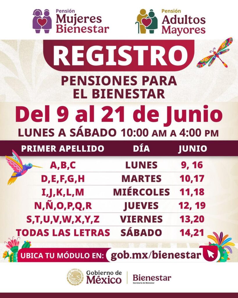 El registro para la Pensión del Bienestar comienza este lunes 9 de junio y finalizará el 21 del mismo mes