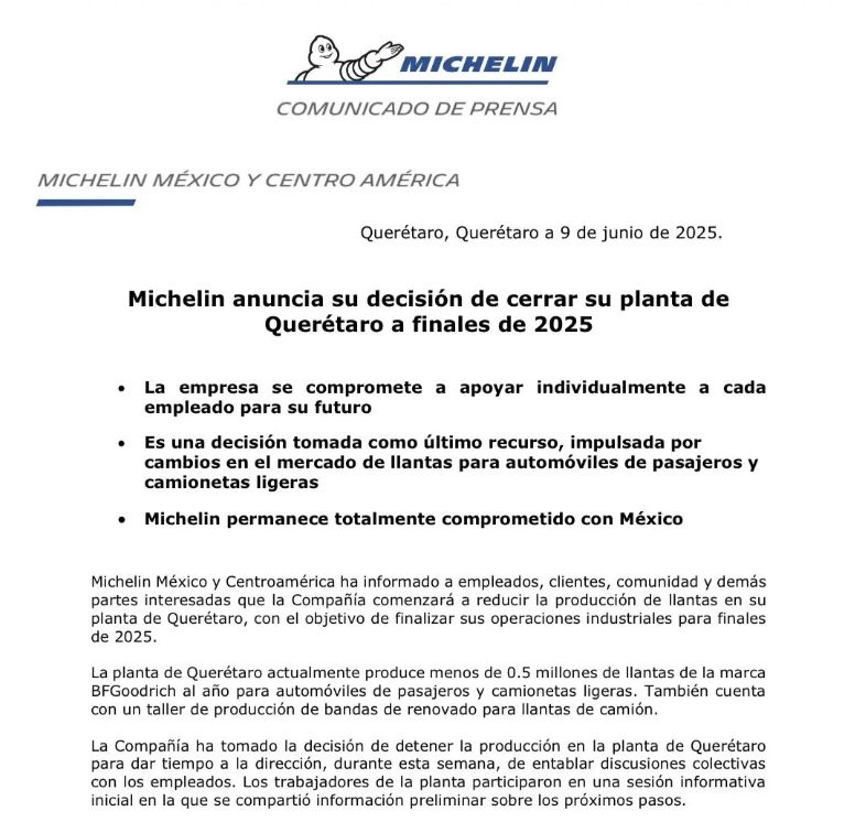 Michelín ajusta su producción en México: el cierre de la planta de Querétaro marcará el fin de una era