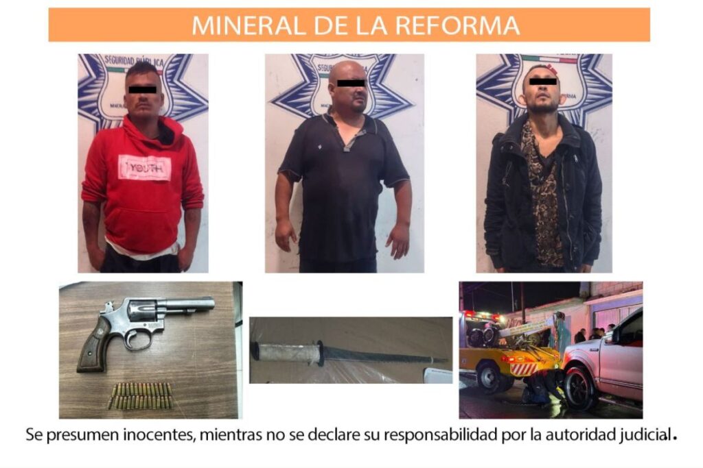Detienen en Mineral de la Reforma a tres hombres por robo con violencia cometido en Pachuca