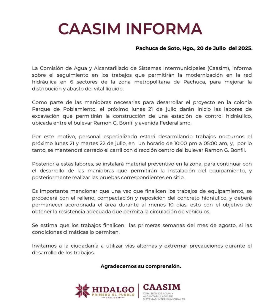 La CAASIM trabaja en la mejora de la red hidráulica en Pachuca, afectando el servicio de agua por tiempo limitado