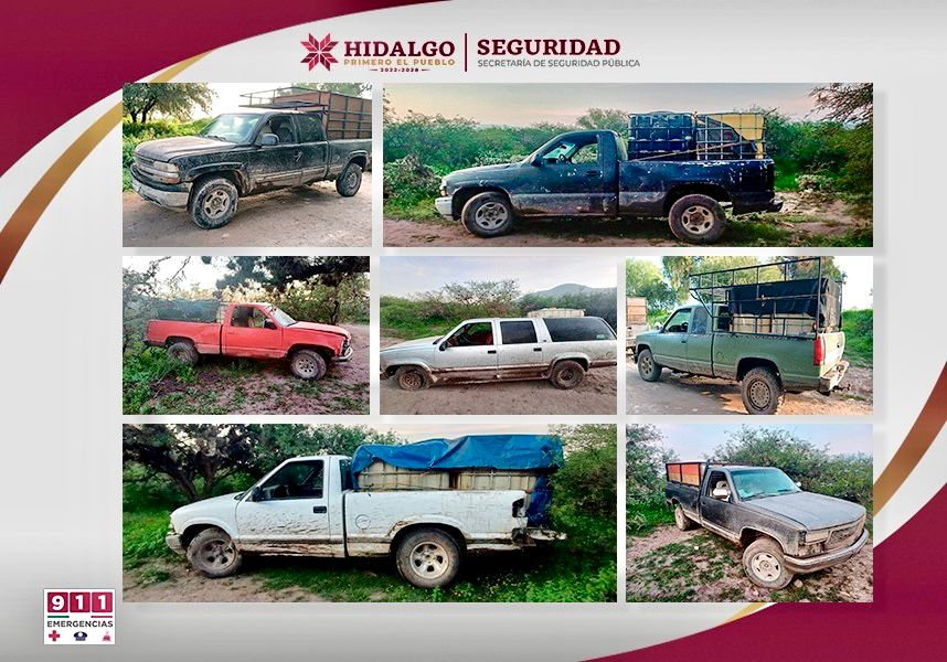 Siete vehículos con combustible robado fueron encontrados en un camino de terracería de Ajacuba