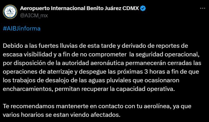 Fuertes lluvias obligan al AIMC a cerrar operaciones / Captura de redes sociales 