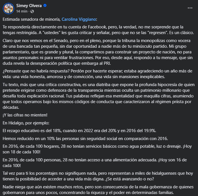 La senadora Simey Olvera respondió a las críticas de Carolina Viggiano / Captura de redes sociales 