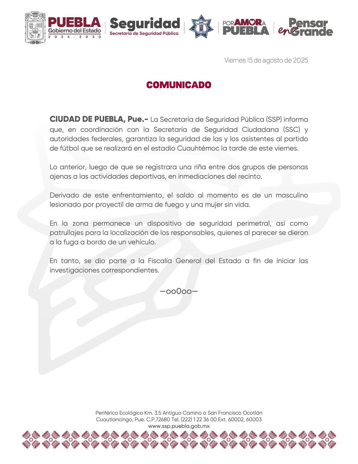Un enfrentamiento armado en las cercanías del estadio de Puebla dejó como saldo un muerto y un herido, antes del inicio del partido de Liga MX