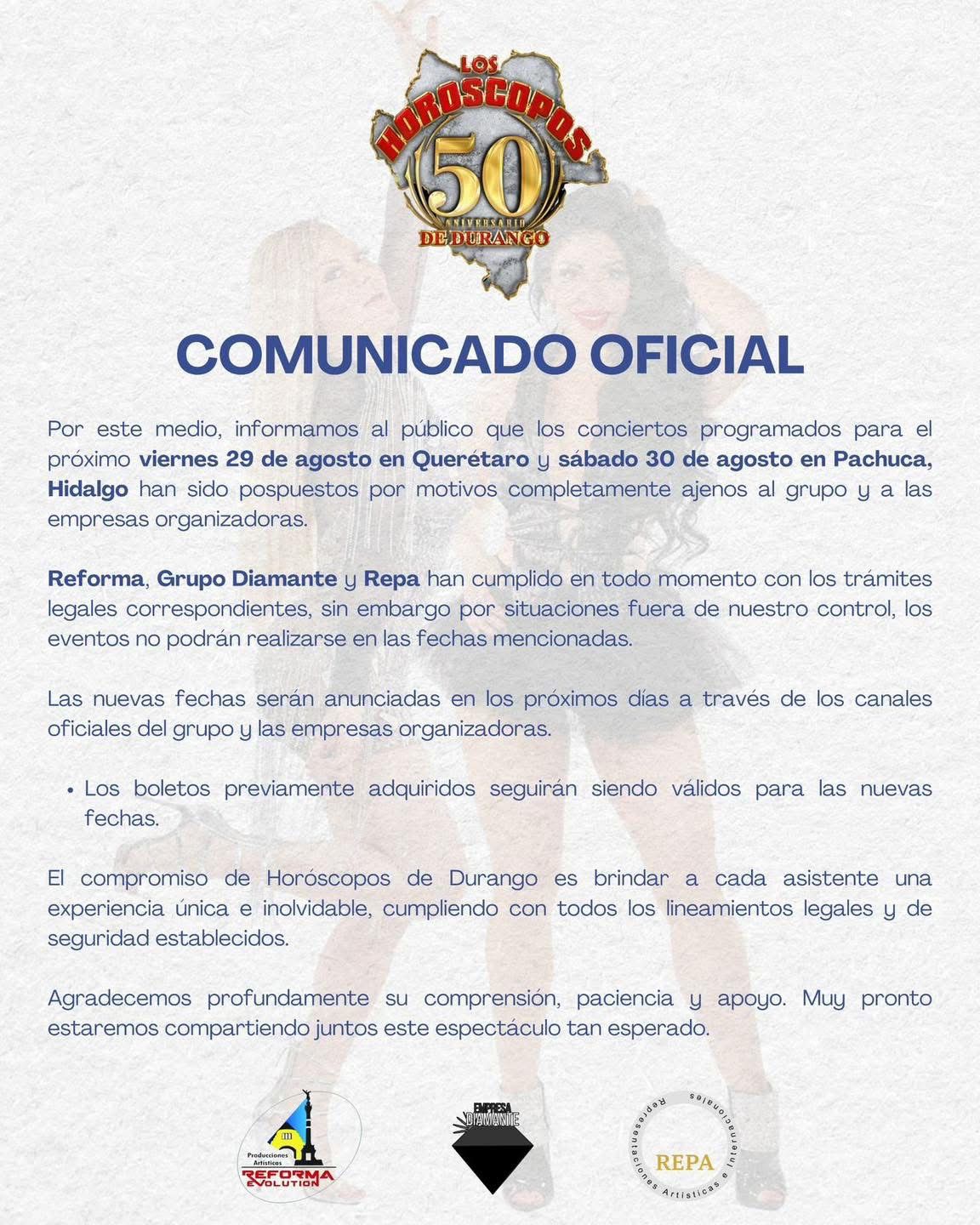 Cancelan fechas de Horóscopos de Durango; anunciarán nuevas próximamente