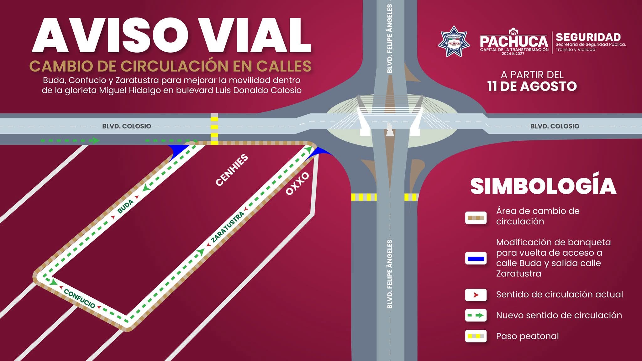 Así será la nueva circulación en Buda, Confucio y Zaratustra desde el 11 de agostoFuente: alcaldía de Pachuca