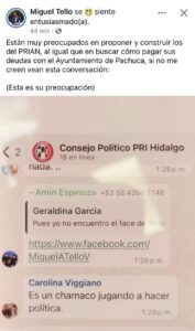 Captura de la conversación interna del PRI difundida por Tello.