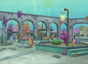 Escenarios de Pachuca con Bob y Patricio en un mundo de fantasía.