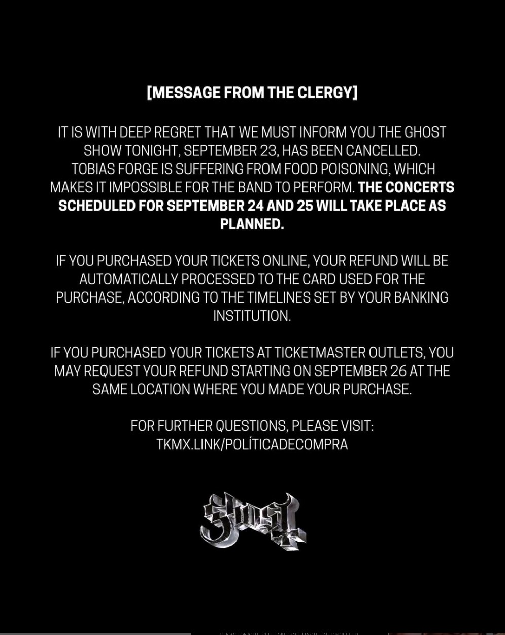 La banda Ghost tuvo que cancelar su concierto en la Ciudad de México