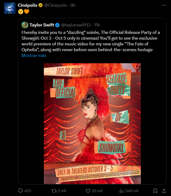 Taylor Swift estrenará su especial en Cinépolis el 3 de octubre