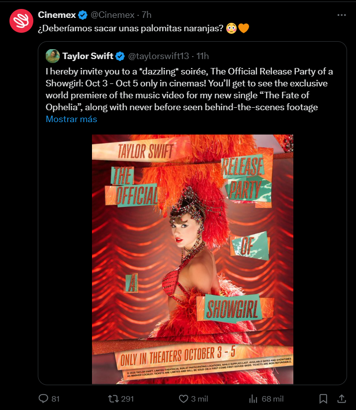 Taylor Swift estrenará su especial en Cinemex el 3 de octubre