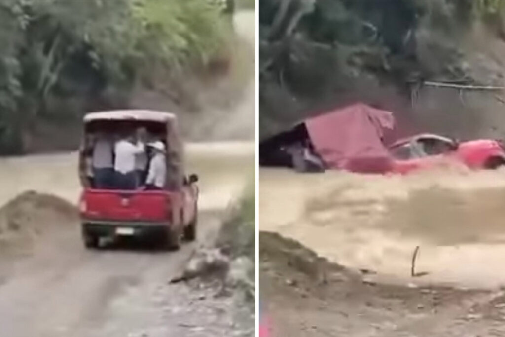 En paso del río Calabozo, en Chicontepec, Veracruz, una camioneta del transporte rural mixto fue arrastrada por la creciente del río 