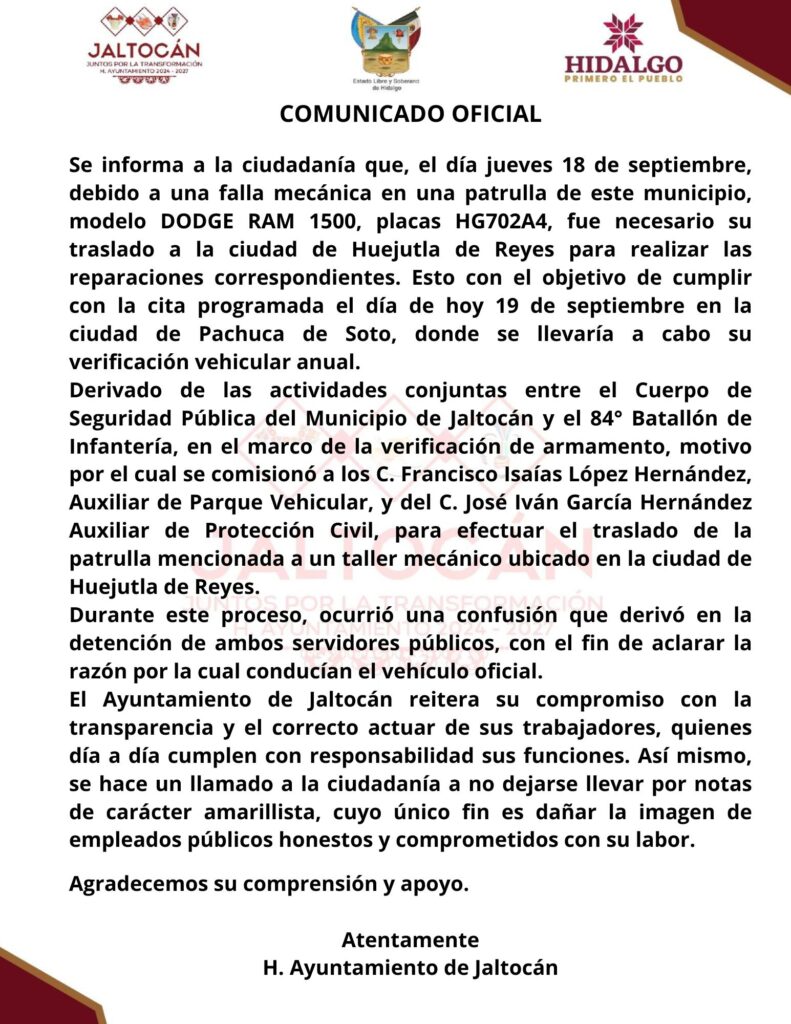 el ayuntamiento de Jaltocán explicó los hechos y reiteró su respaldo a los empleados involucrados