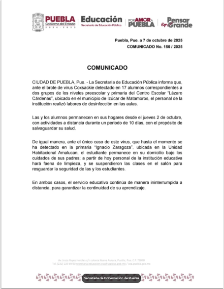 Suspensión temporal de clases en el Centro Escolar ‘Lázaro Cárdenas’ en Izúcar de Matamoros, Puebla, por brote de virus Coxsackie