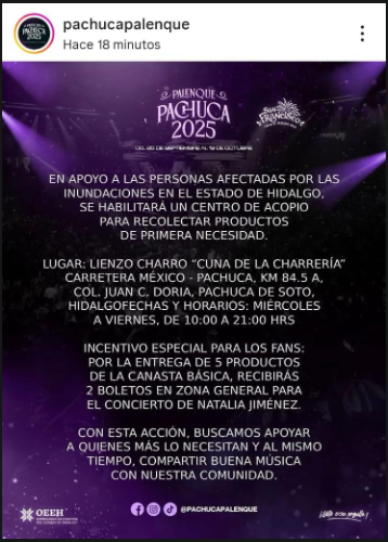 El Palenque Pachuca 2025 abre un centro de acopio para apoyar a las víctimas de las inundaciones en el estado de Hidalgo