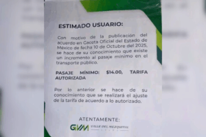 Los anuncios colocados en camiones señalaban un incremento a 14 pesos, pese a que la medida no fue autorizada por el Estado de México ni aplicaba para rutas en Hidalgo