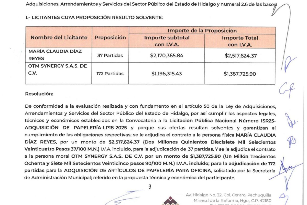 En total, María Claudia Díaz Reyes recibió cuatro adjudicaciones y OTM Synergy SAS de CV firmó tres contratos | Foto: Especial