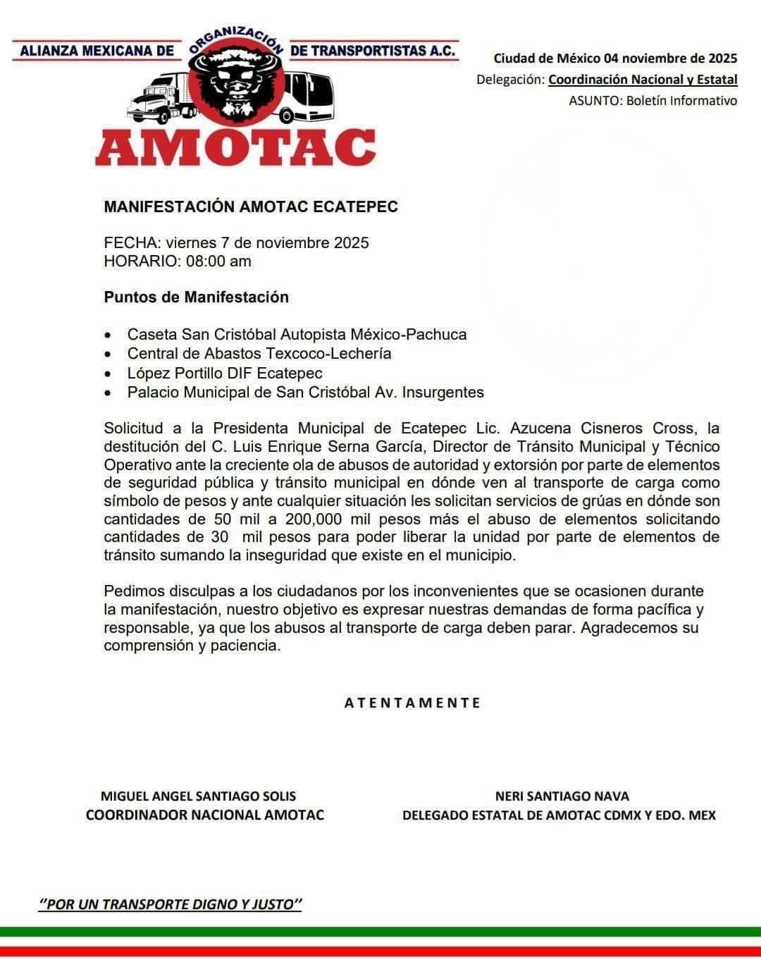 Transportistas de AMOTAC en Ecatepec exigen justicia y seguridad en su sector